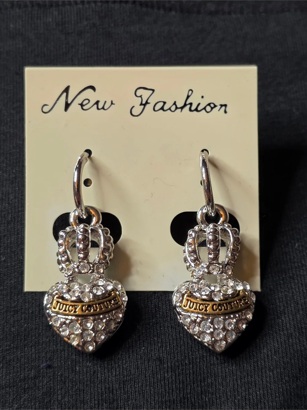 Juicy Couture Silver-Tone Crystal Heart & Crown Drop Earrings